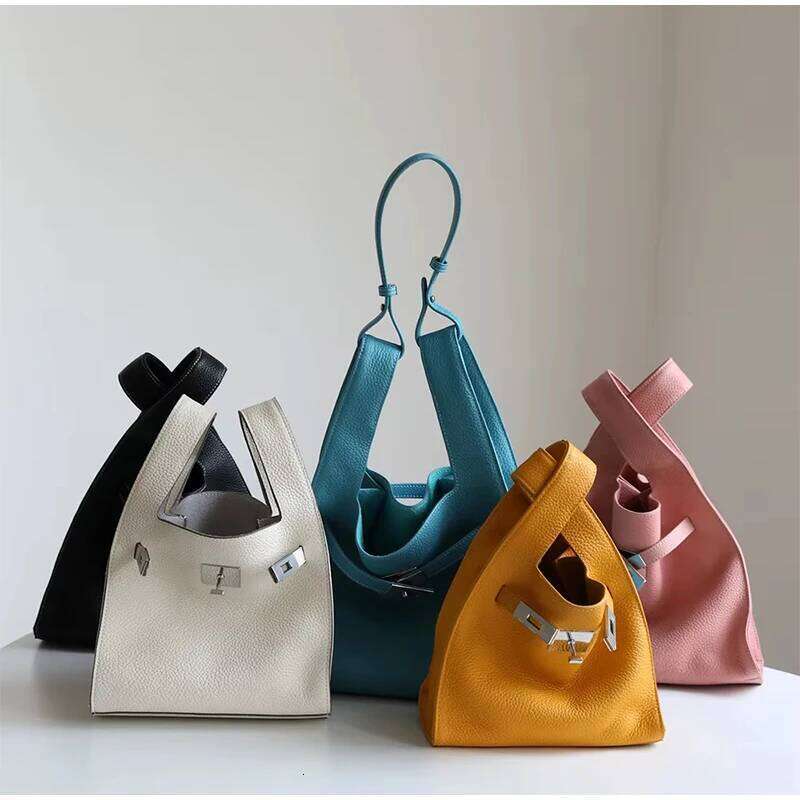 Brand Cowhide Basket Women Tote Garbage Hand-Held Buckle Design Shoulder Underarm Bucket Soft Leather Bag