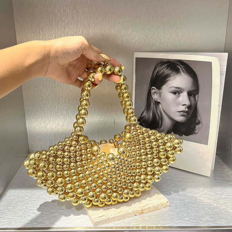 Golden High-End Niche Handbag Fan-Shaped Beaded Bag for Women Hot-Selling New Crossbody Handmade Hollow Evening Bag