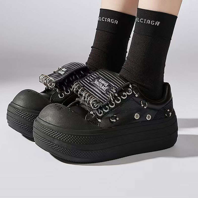 2024 New White Thick-Soled for Women, Autumn Breathable Cowhide Big Toe Height-Increasing Niche Subculture Casual Lip Stud Shoes