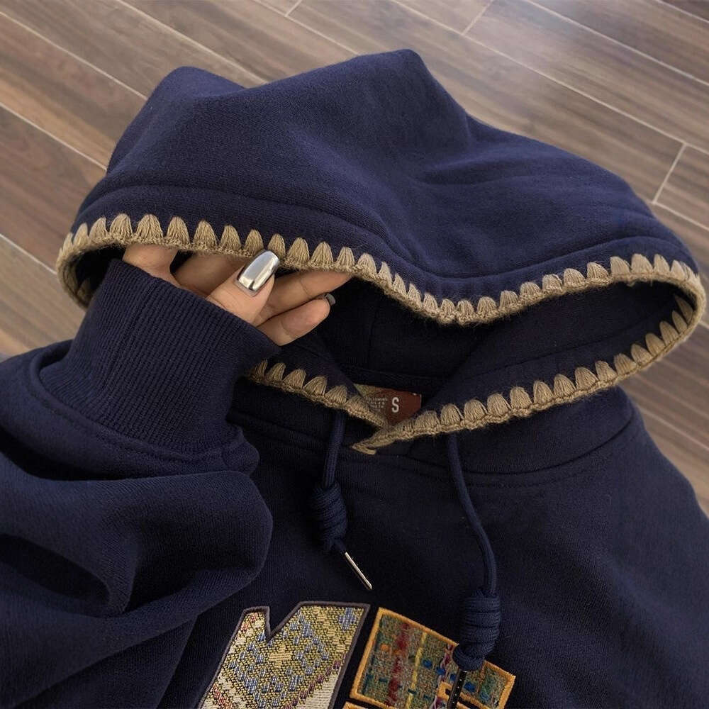 American Style Embroidered Edge Hooded Sweatshirt for Women Spring Autumn New Loose Oversize Top Jacket
