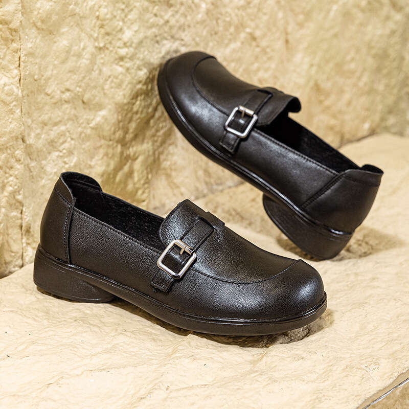 Cowhide Soft Sole Chunky Heel Single for Women, Mom Middle-aged and Elderly Small Leather Shoes, Round Toe Slip-on Loafers, Large Size Women's Sh
