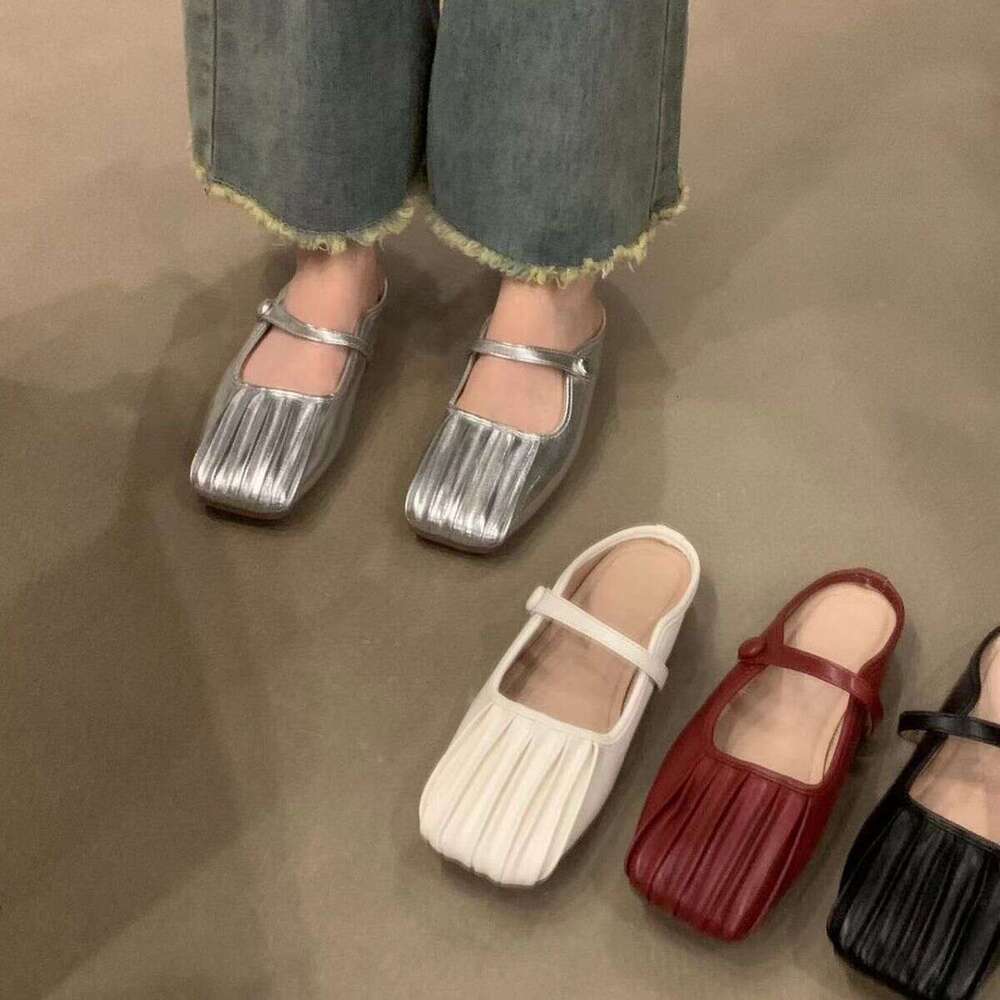 Silver Flat Closed-Toe Mules for Women, Summer 2023 New Style, Mom's Mary Jane Mules, Ladies' Sandals, Single Shoes