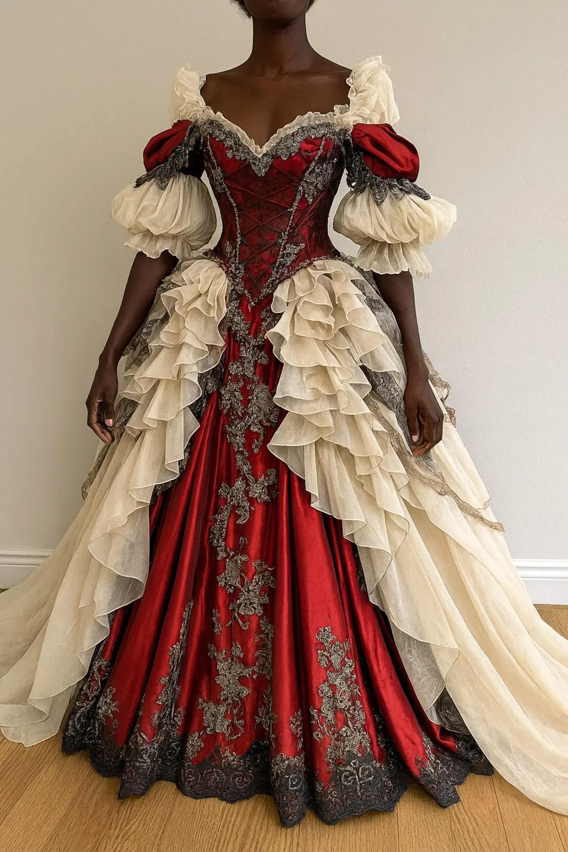 Victorian Baroque Prom Dresses Champagne With Red Ruffles Corset Renaissance Masquerade Dress Off The Shoulder Vintage Special Occasion Ball Gown