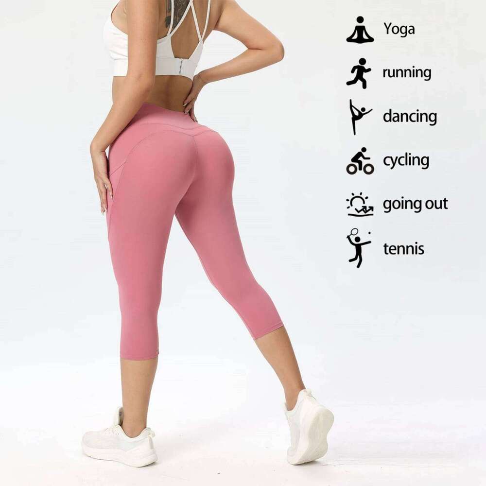 High Waist Fiess Capri Legging for Women Quick Drying Cycling Cropped trousers Yoga Sport Pants Side pocket