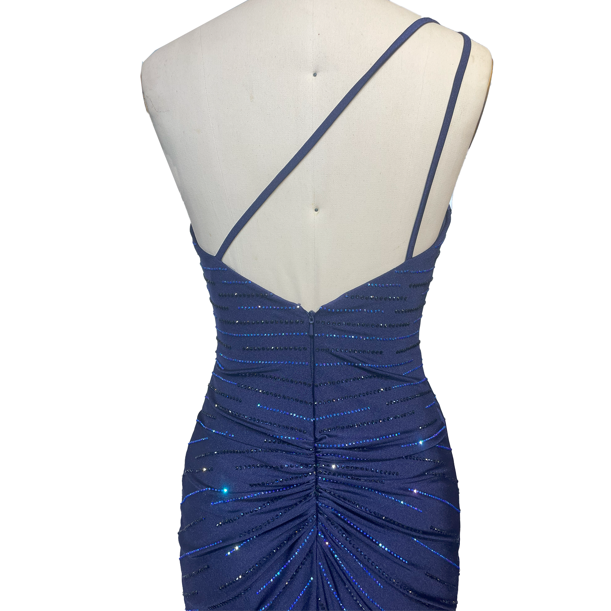 One - Shoulder Navy Blue Sequin Embellished Mermaid Evening Gown