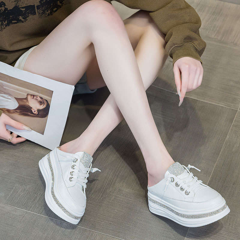 2025 New Genuine Leather 6CM Height Increasing Polyurethane Rhinestone Summer Breathable Sandals Women Thick Sole Half Slippers Trendy