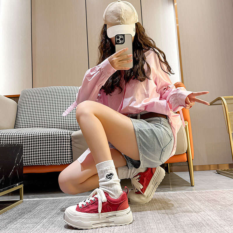 2024 New Autumn Winter Red Thick-Soled Height-Increasing Versatile Sneakers Ins Niche Open-Toe Smiley Face Big-Head Canvas Shoes