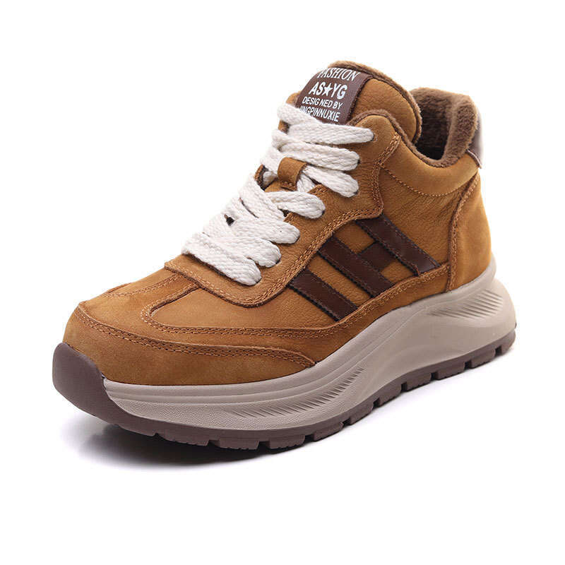 2024 Winter New Top Layer Cowhide High-Top Forrest Gump Shoes Women Korean Style Casual Sneakers with Fleece Lining for Warmth