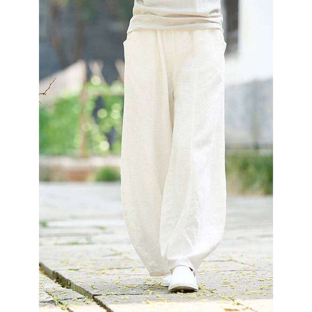 2024 Cotton Linen Bloomers Wide Leg Women Vintage Full Length Fashion Elegent Pants Solid Elasitic Waist Spring Autumn 5XL