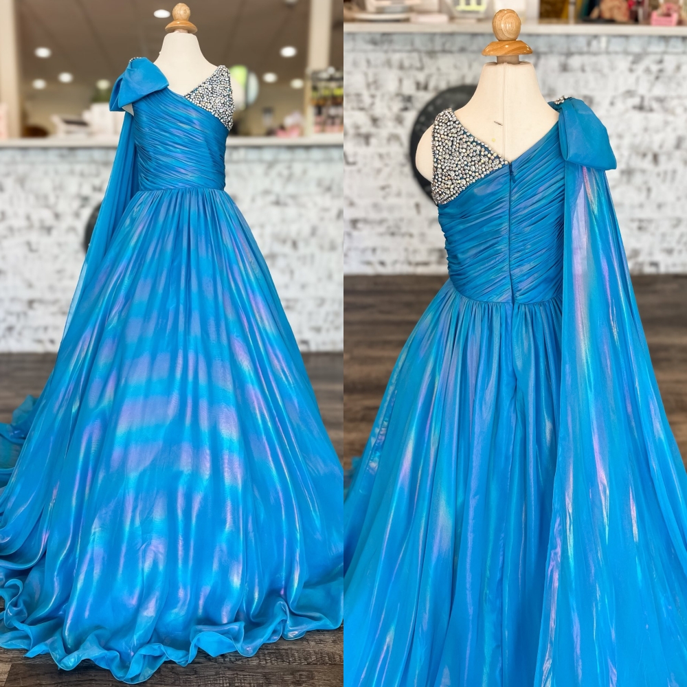 Turquoise Girl Mini Pageant Queen Dress Beaded Bow Iridescent Chiffon Long Little Kid Birthday Portrait Cocktail Party Gown Teen Miss On-Stage Appeara