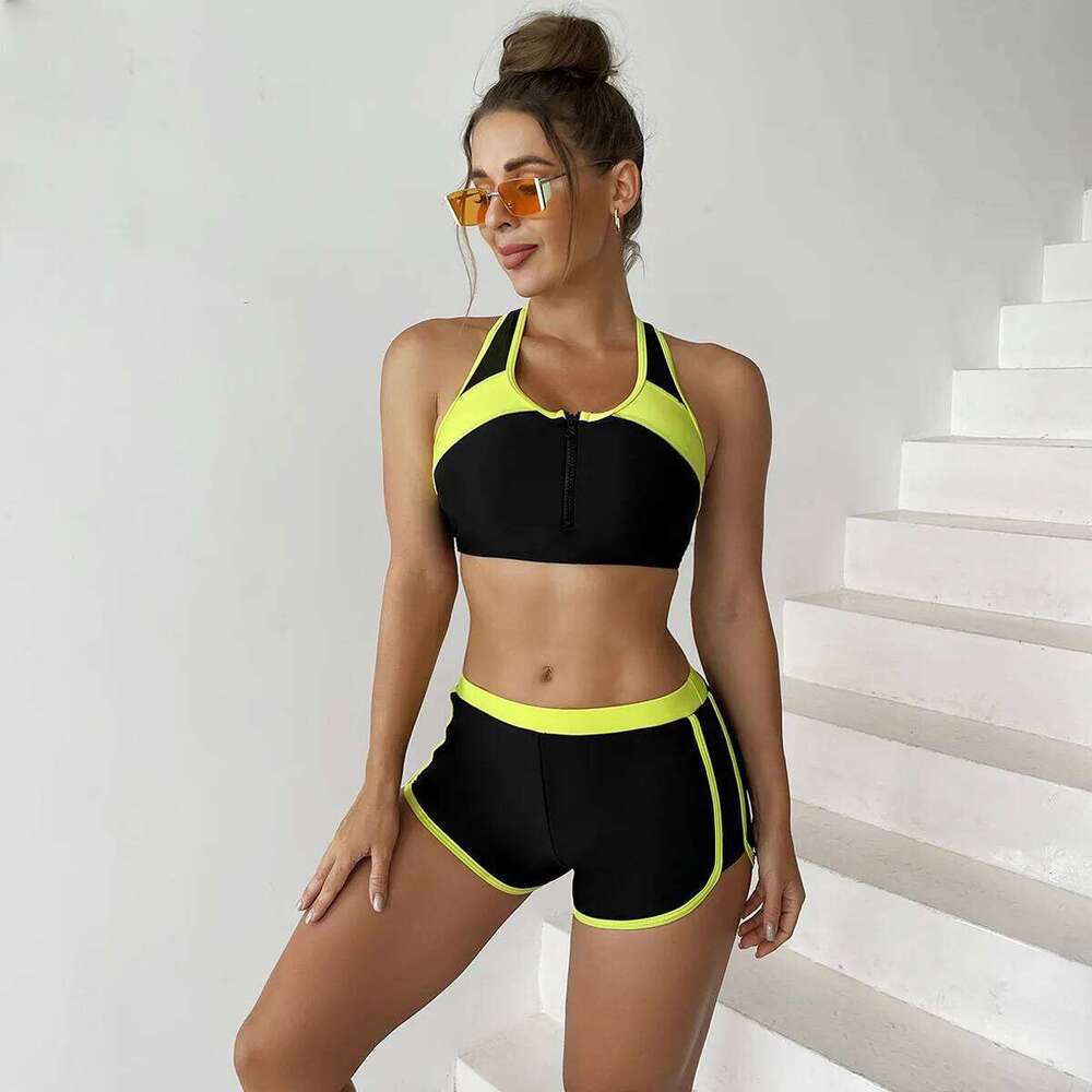 2025 Patchwork Women Bikini Set Zipper Sports Vest Swimsuit Summer Boxer Shorts Two Piece Swimwear Female Push Up Bathing Suit