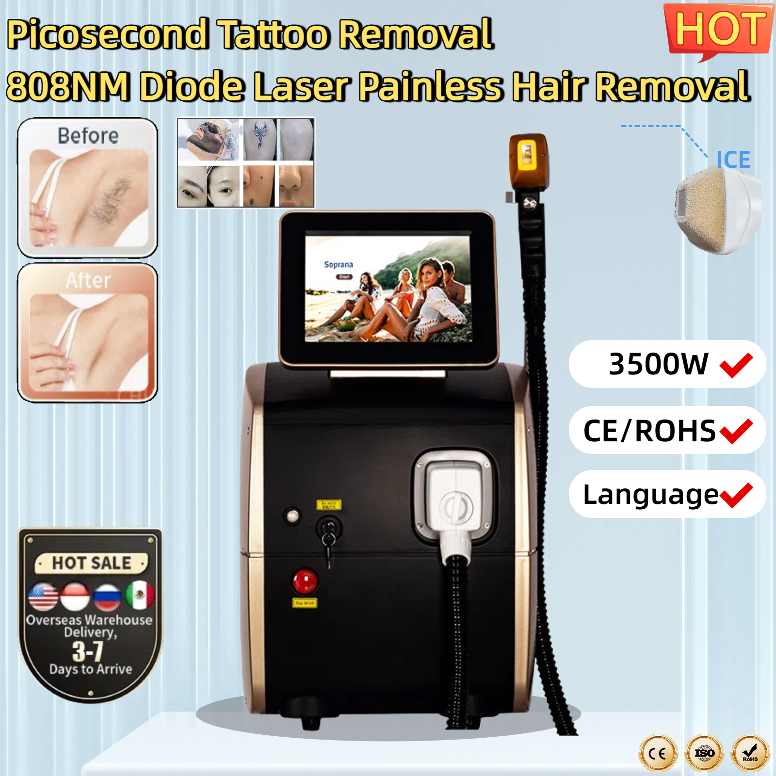 Hot Professional 3000W 808nm Diode Lasers for Pain-Free Permanent Hair Removal Alexandrit Permanent Painless Physical Underarm Body Care Depilation Eq