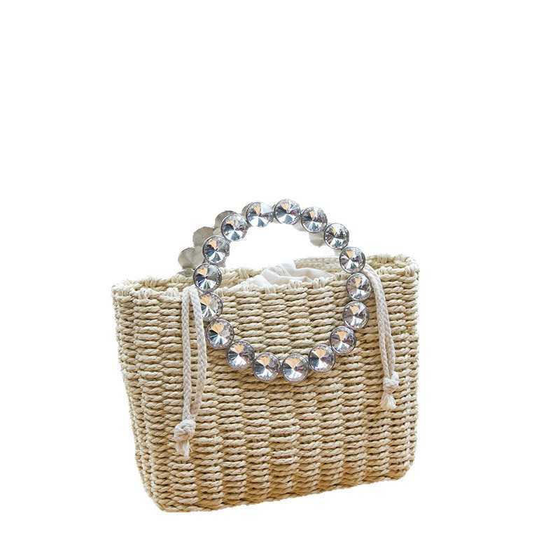 Fresh and Sweet Style Woven Look Straw Shiny Rhinestone Handbag Chain Trendy Bag Shoulder Bag Crossbody Bag