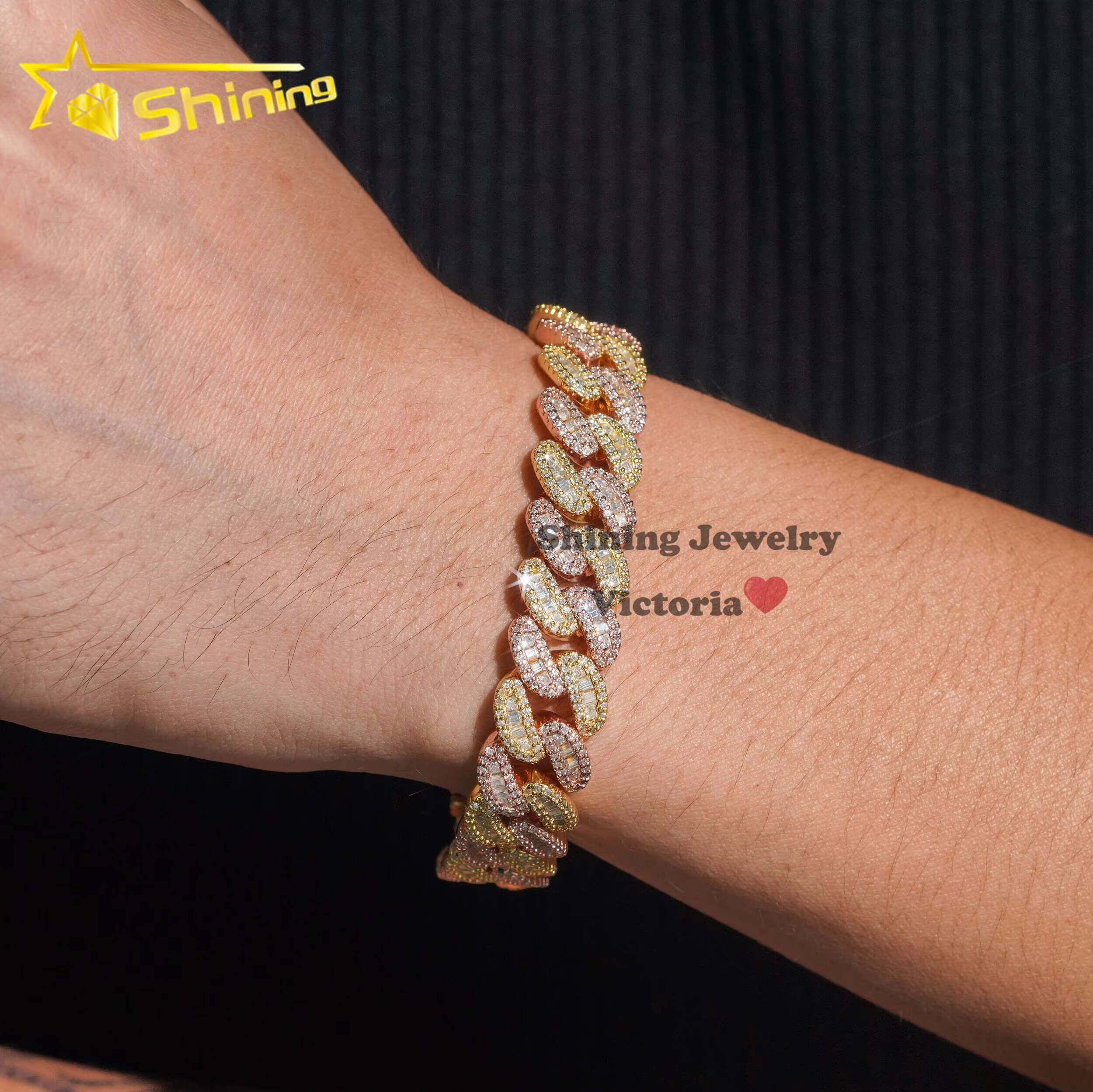 Hip Hop Iced Out 925 Sterling Silver Rose Gold Mix Yellow Gold 13MM Width Baguette Moissanite Cuban Link Chain Bracelet for Men