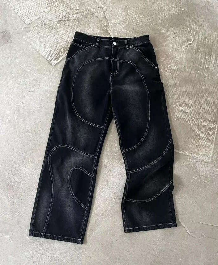 Trendy Brand Line Stitching Jeans for Men High Street Design Loose Embroidered Jacket Gothic Style Set