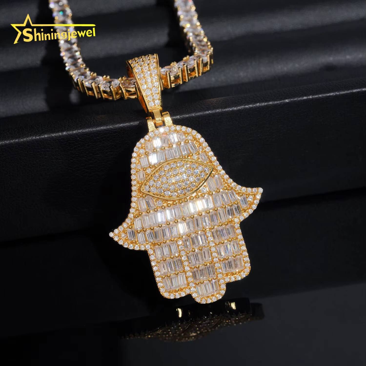 Iced Out Fine Jewelry 925 Sterling Silver VVS Baguette Moissanite Hamsa Pendant Custom Moissanite Pendant GRA Certificated