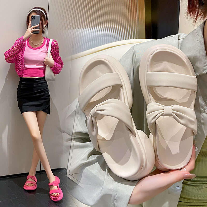 2023 Designer Bowknot Pink Open-Toe Thick-Soled Slippers for Women Fashionable Beach Sandals Summer