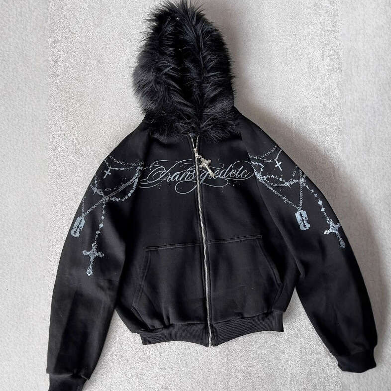 Autumn Winter Hoodie Loose Letter Print Zipper Sweatshirt Unisex Detachable Fur Collar High Street Dark Style B5