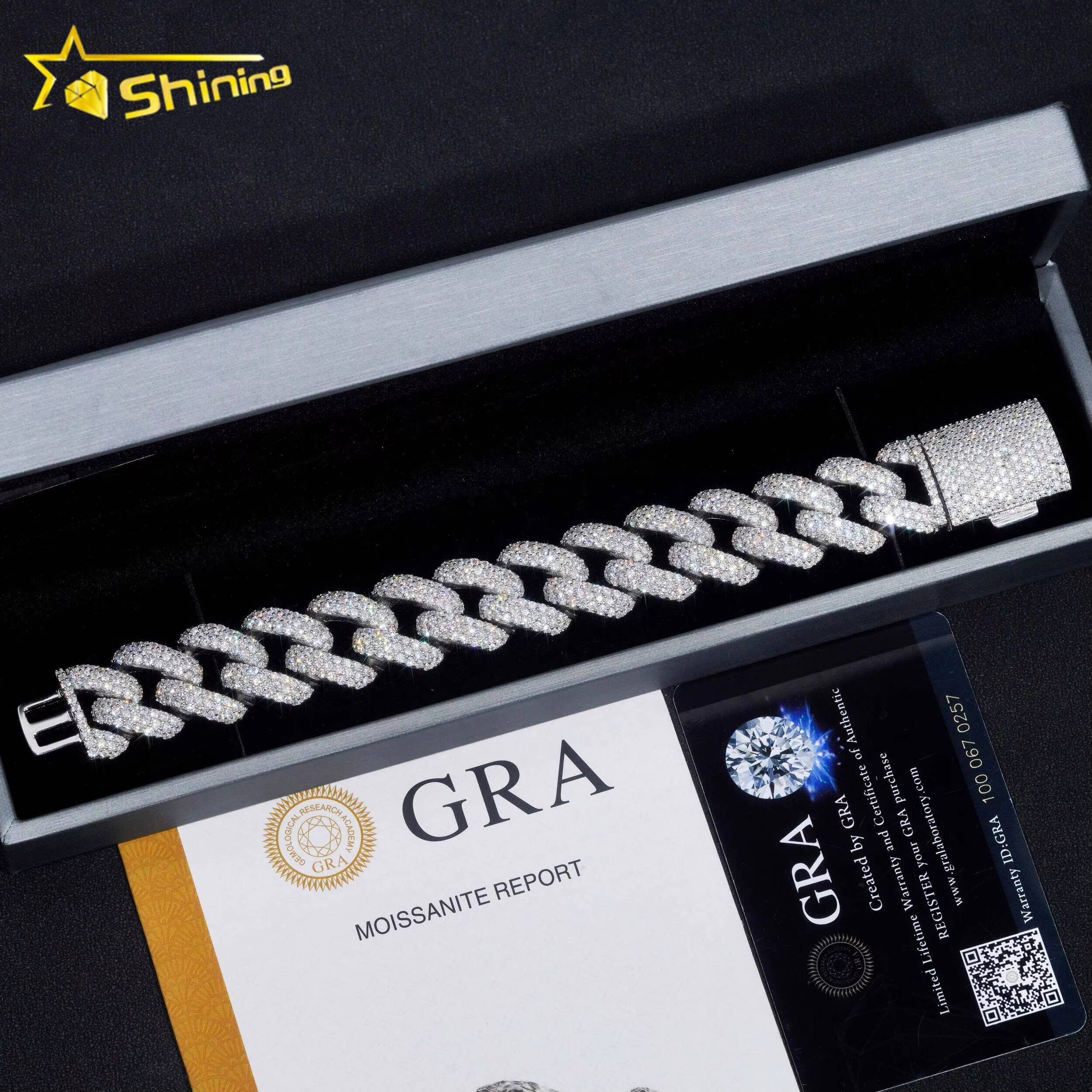 High Quality Mens Iced Out Jewelry Three Rows 20mm Silver 925 Moissanite Hip Hop Cuban Link Bracelets