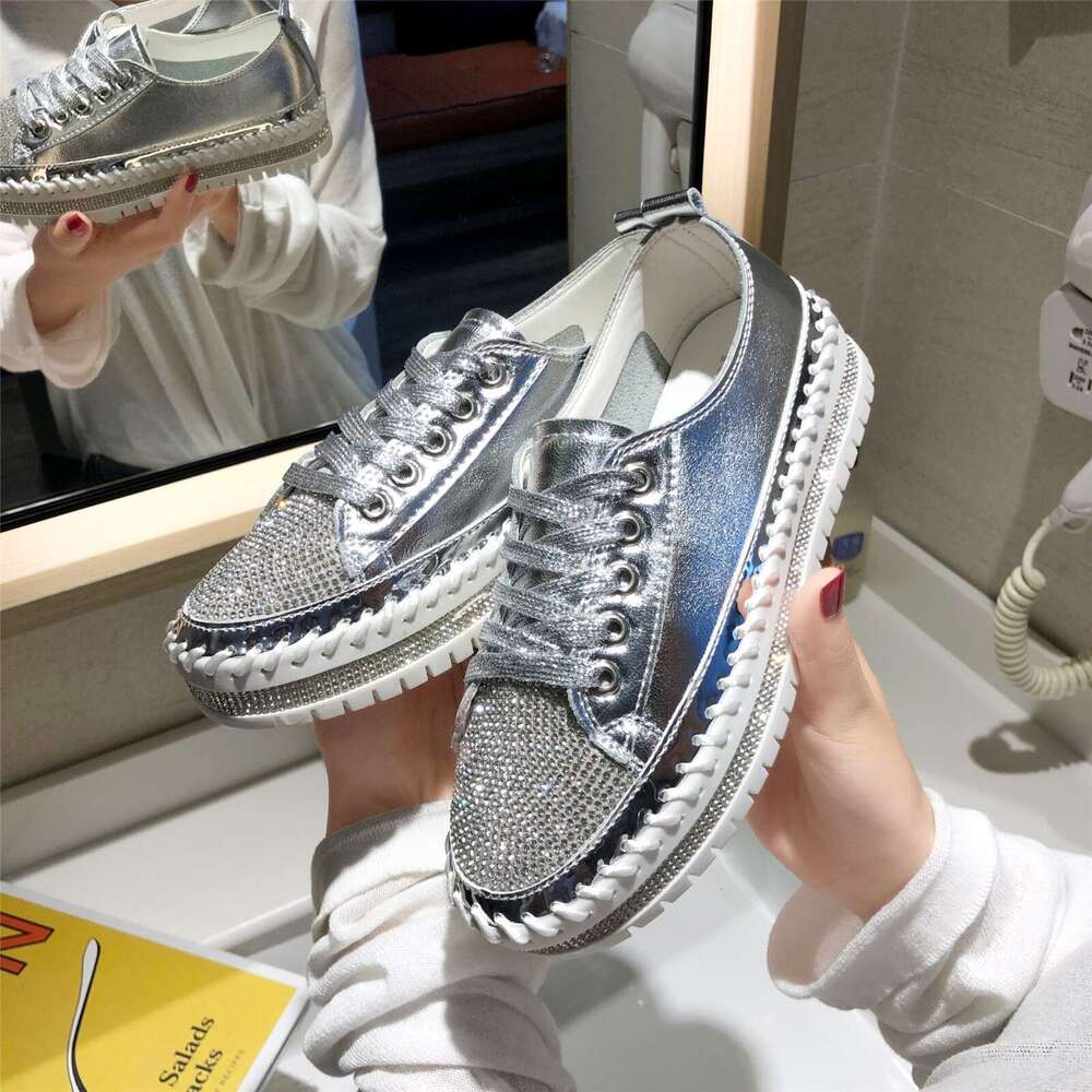 Plus Size White for Women Classic Old Style Diamond-Studded Platform Thick-Soled Loafers Sequin Trim Fashionable Women's Sneakers