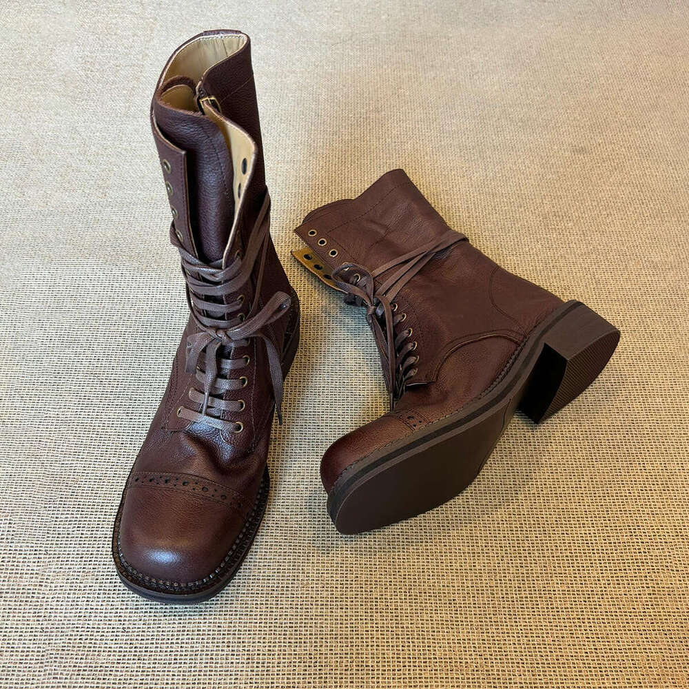 Cowhide Version~ Thick-Soled Martin for Women 2024 New British Style Melad Mid-Calf Brown Short Boots