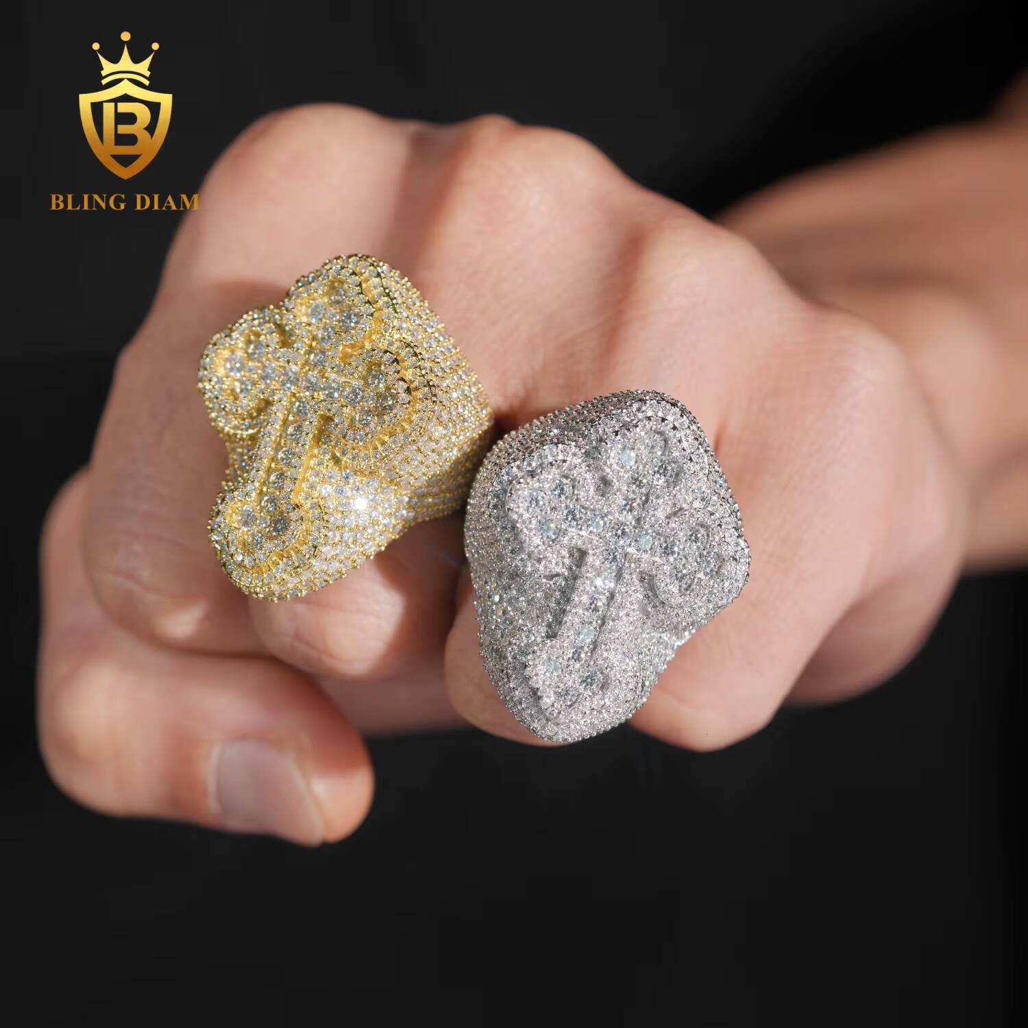 Hip Hop Jewelry Ring 925 Silver Gold Plated Vvs1 Moissanite Fully Diamond Ice Out Mens Cross With Rings