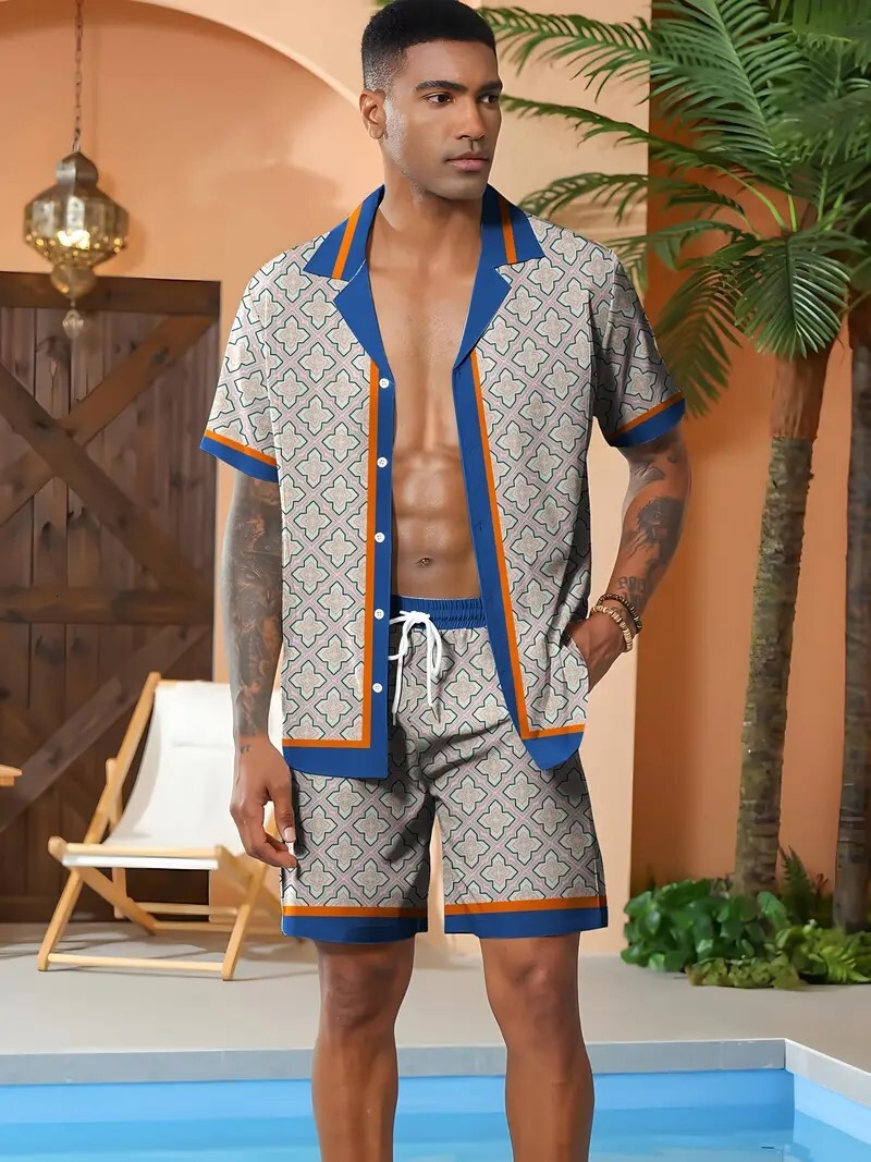 "2025 Designer Men's Wear" 2025 Cross-Border Trade New 3D Printed Geometric Pattern Men's Casual Hawaiian Style Shirt Set