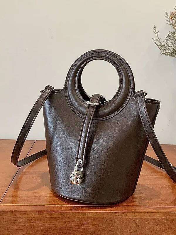 Vintage Bucket Bag Women Convertible Crossbody With Top Handle Leather Trim For Daily Commute