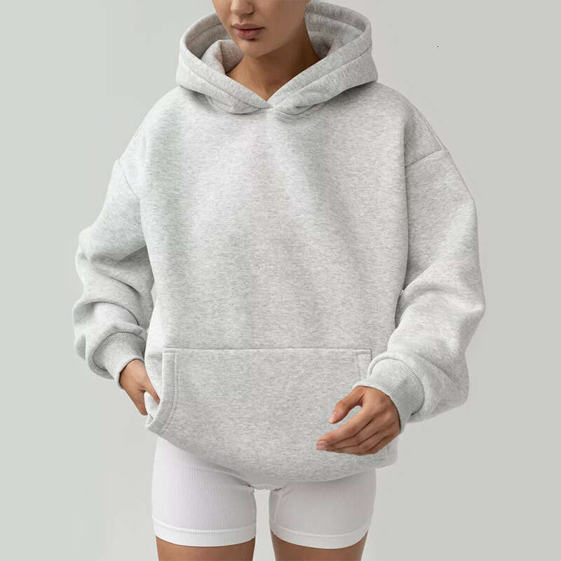 Women's Solid Color Long Sleeve Pocket Hooded Pullover Sweatshirt Loose Casual Sports Shirt