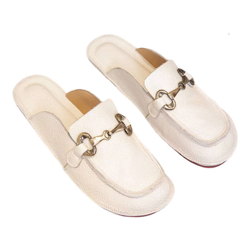 Genuine Leather Closed-Toe Fashionable Comfortable Versatile Non-Slip Soft Sole Flat Square Toe Low Heel Casual Women's Slippers Trendy
