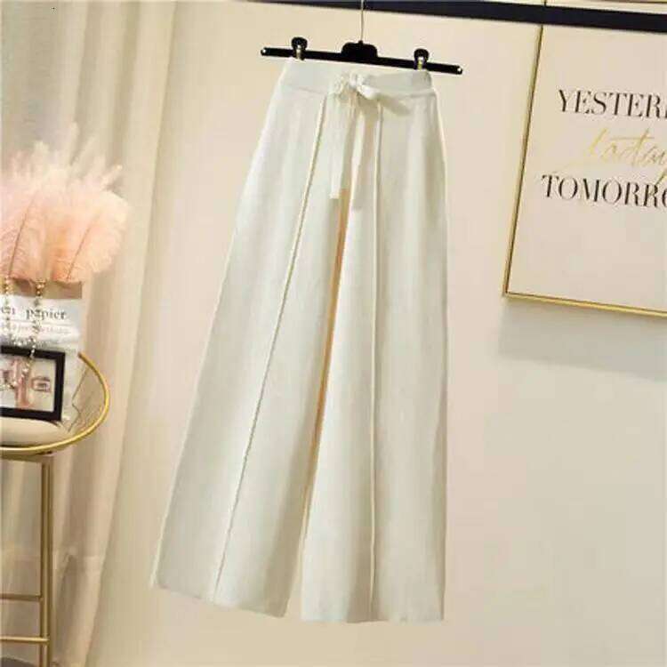 Knitted women spring and autumn high waist elastic drape drawstring loose casual mopping straight wide leg pants