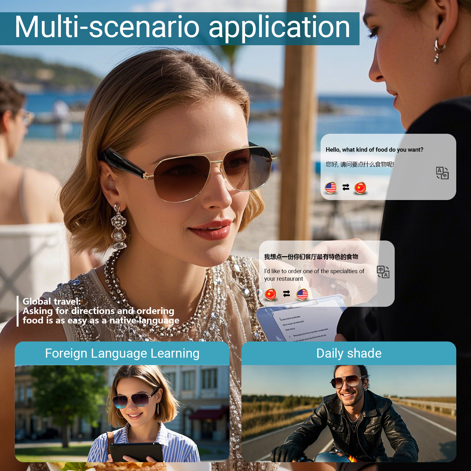 Smart WirelessTranslation Glasses Retro Square Metal Framed Sunglasses with UV Protection Stylish Eye Wear for Any Outfit