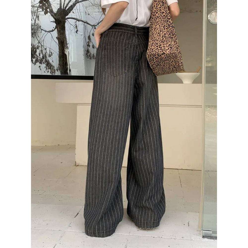 2024 Ropa Y2K Fashion Vintage Striped Wide Leg Baggy Jeans Pants For Women Clothes Straight Washed Black Casual Lady Trousers