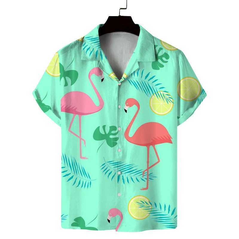 Mens summer Cuban collar short-sleeved shirt with summer style flamingo print mens shirt comfortable breathable and versatile Y250819