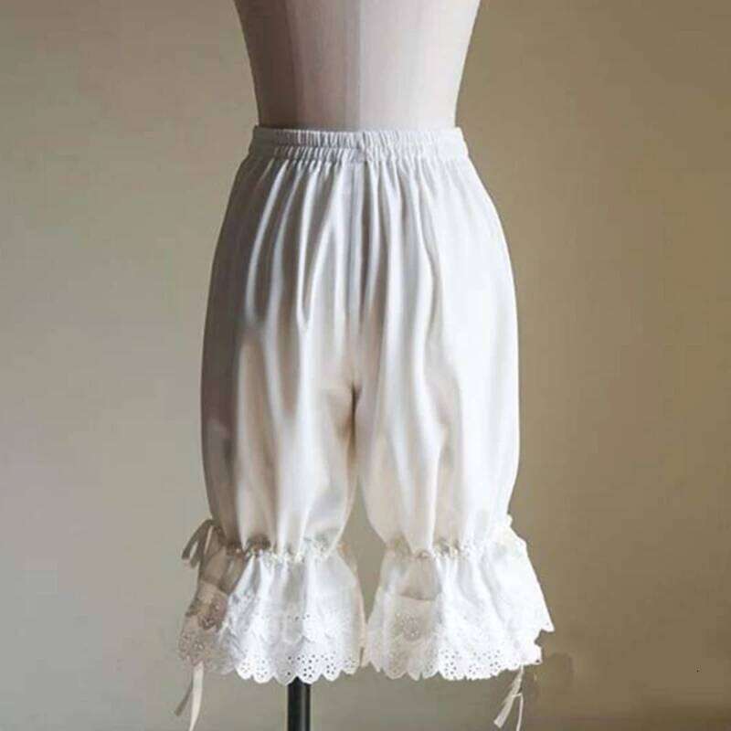 Vintage Solid Color Lantern Bloomers Ruffles Lace Hem Bow Shorts Wasit Wide Leg Elastic Bubble Pants