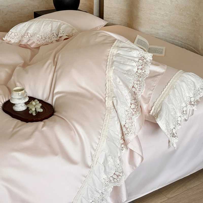 600TC Egyptian Cotton Romantic Lace Ruffles Princess Bedding Set Queen King Size Duvet Cover Flat/Fitted Sheet cases 4Pcs Y250819
