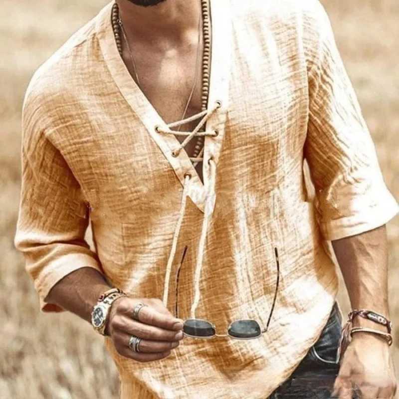 2025 European and American New Style Mens Chest Lace-up Chicken Eyes Mid-sleeved T-shirt Shirt Trendy Y250819