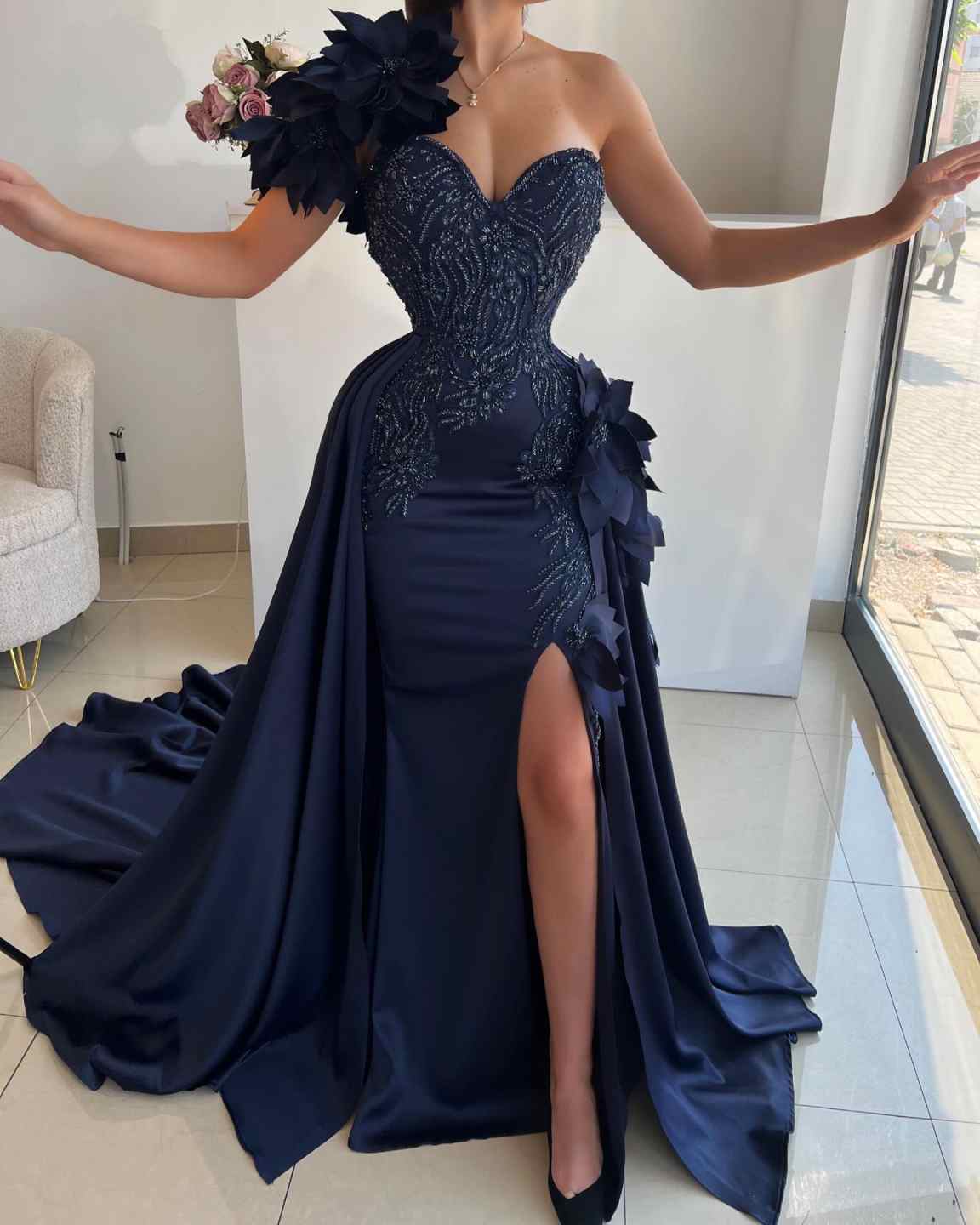 Customized Mermaid Prom Dresses One Shoulder 3D Flowers Evening Dresses Front Split Formal Celebrity Party Dresses