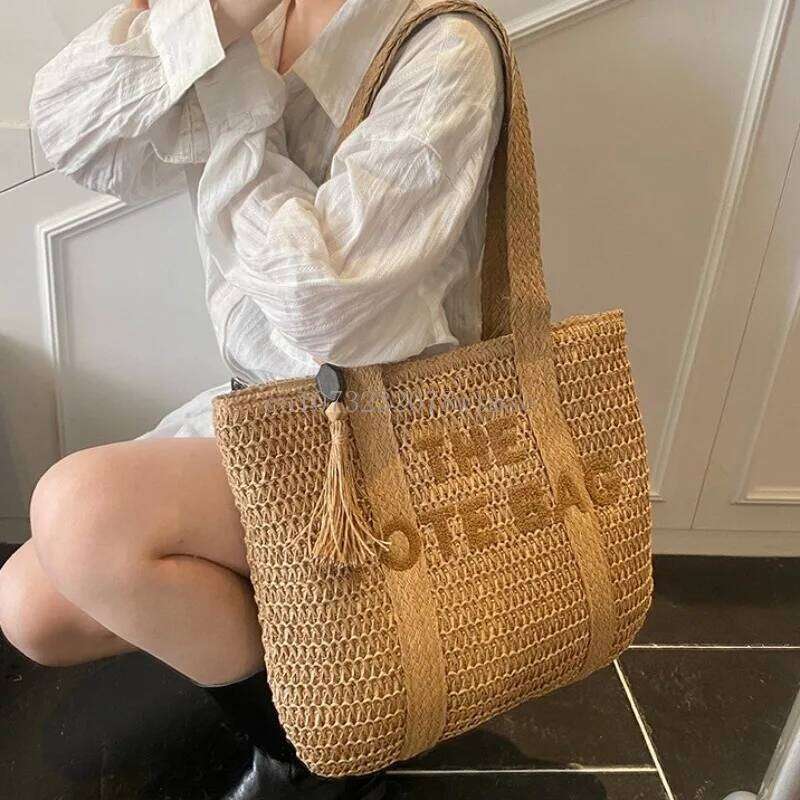 Summer Fashion Women's Large Capacity Shoulder Straw Woven Letter Embroidery Handbag Casual Female Tote Bag Beach Bags