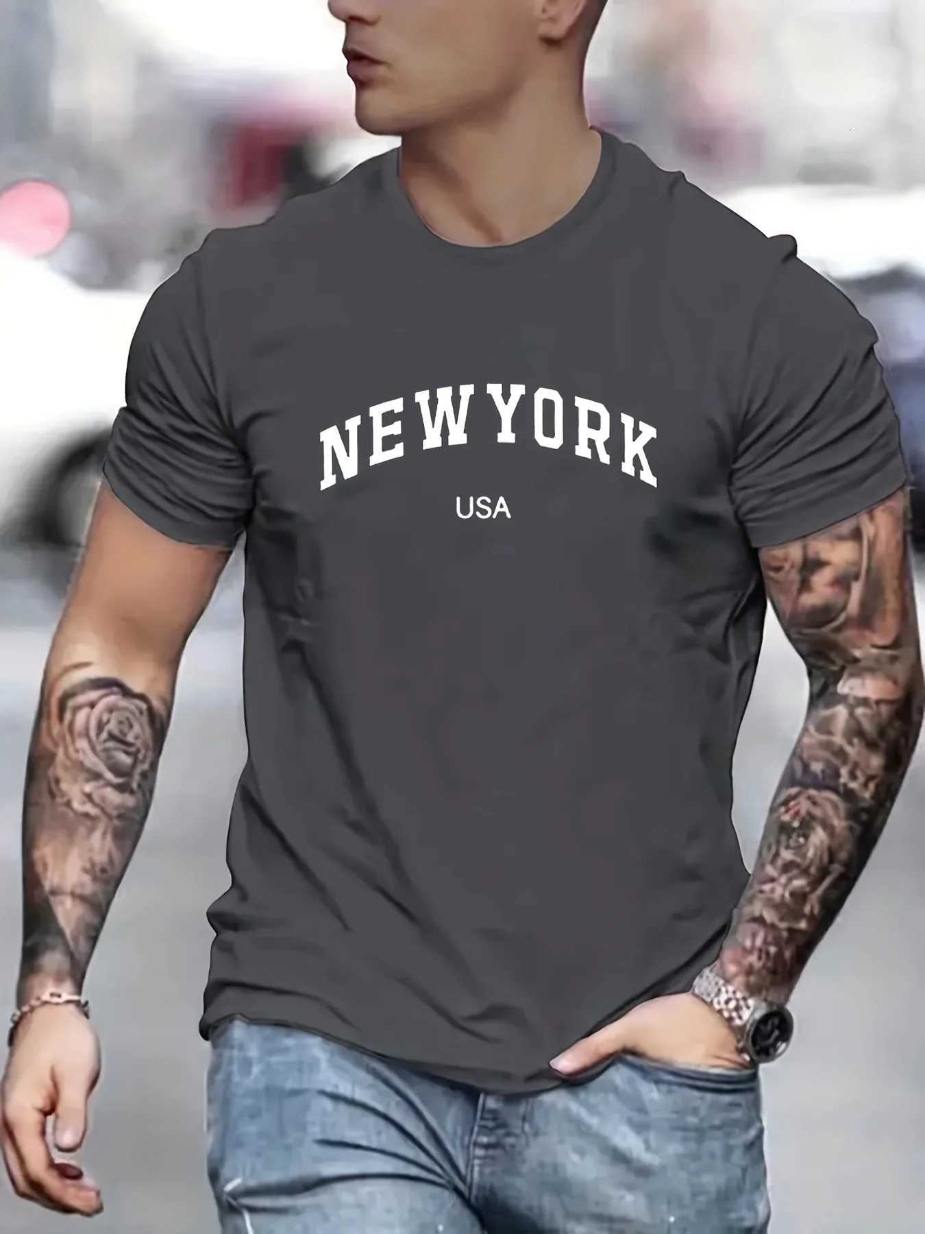 Mens summer fashionable casual loose plus size new York Usa printed slim fit sports round neck short sleeved T-shirt Y250819