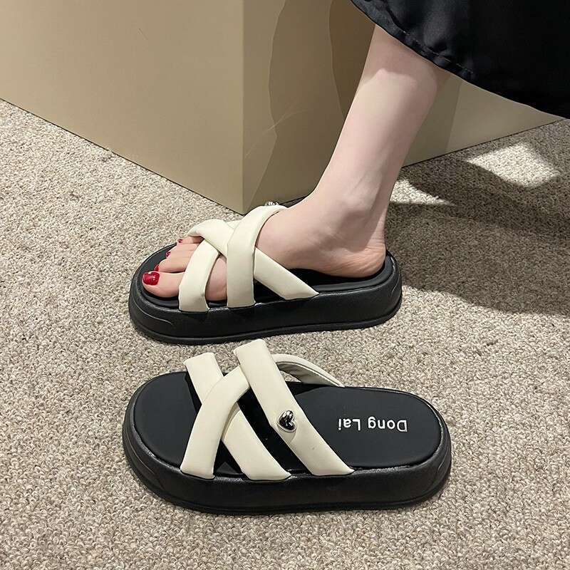 2023 Summer New Roman Thick-Soled Slip-On Lazy Cross-Woven Dissolved Outdoor Casual Women's Slippers