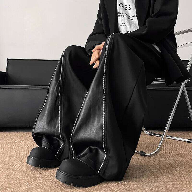 Patchwork Wide Leg Men Casual trousers PU Zipper Hip Hop unisex Fashion Haruku High Street trend Loose Pants Ropa Hombre