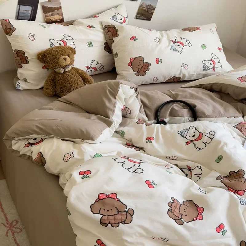 A- Washed Cotton Printed Comfort Set Four Piece Set Cartoon Style Nude Bed Sheet Bedding Lightweight Breathable Duvet Cover Y250819