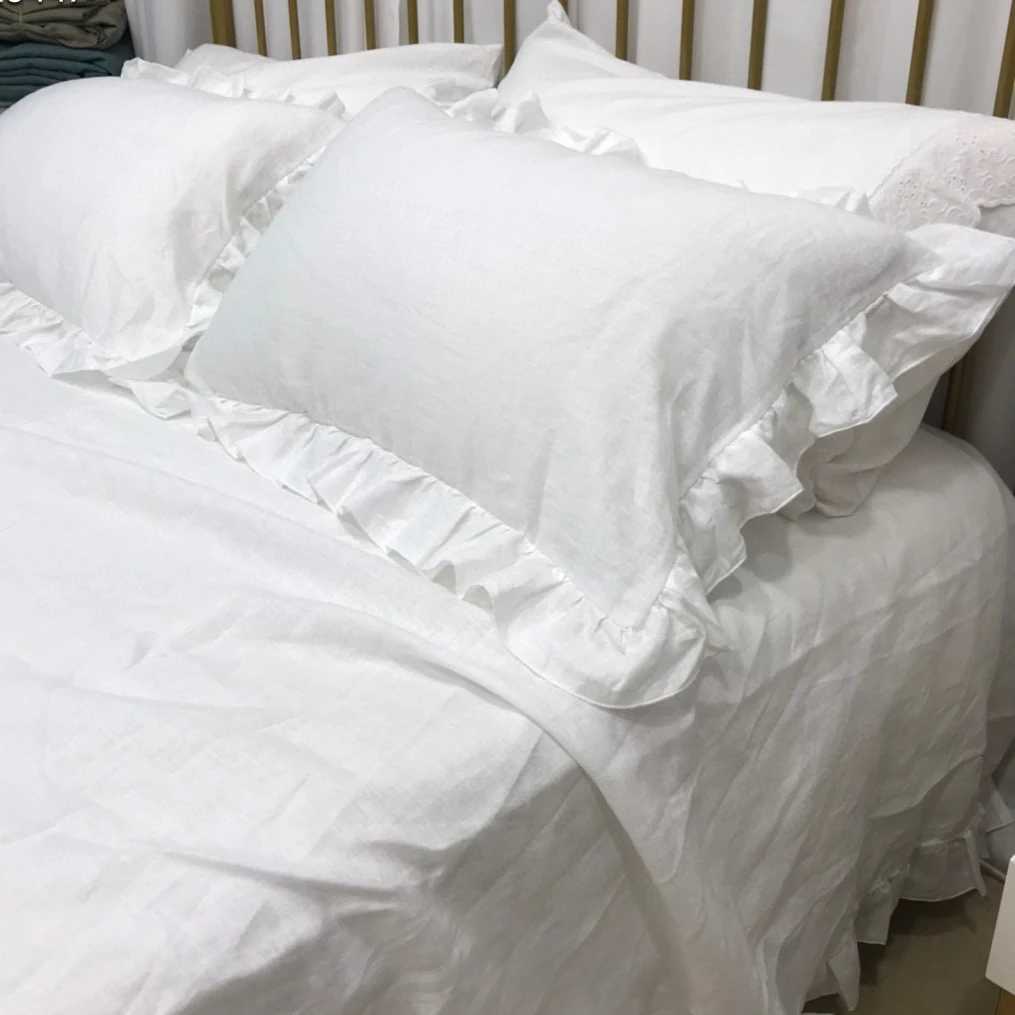 Pure Linen Ruffle Bed Sheets Set ( 1 Ruffle Flat Sheet and 2 cases) Bedsheets Full Set for Queen King Single Double Bed Y250819