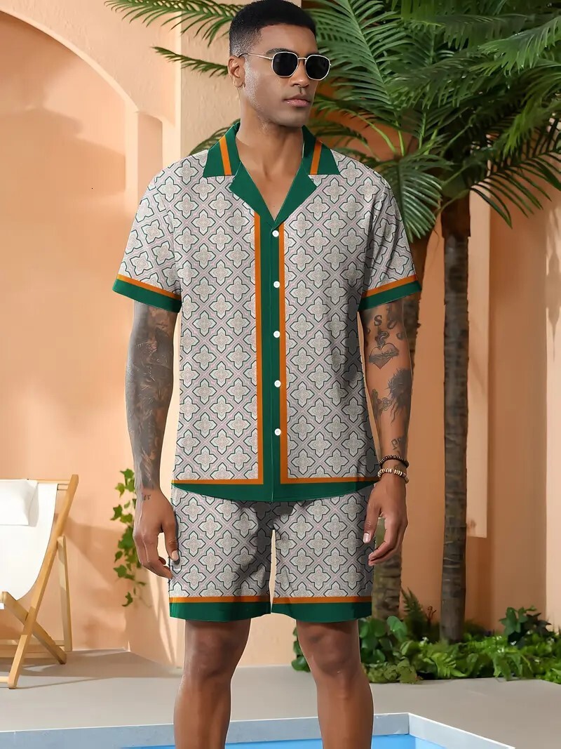 "2025 Designer Men's Wear" 2025 Cross-Border Trade New 3D Printed Geometric Pattern Men's Casual Hawaiian Style Shirt Set