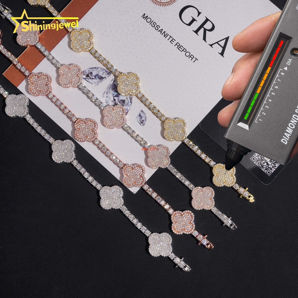 Hot Sale Pass Diamond Tester Fashion Jewelry 3MM Bracelet 925 Sterling Silver VVS Moissanite Diamond Tennis Clover Bracelet