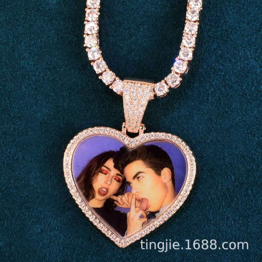 Hip-Hop Epoxy Photo Round Moissanite chain Heart Pendant Couple DIY Creative Special Accessories Necklace Jewelry