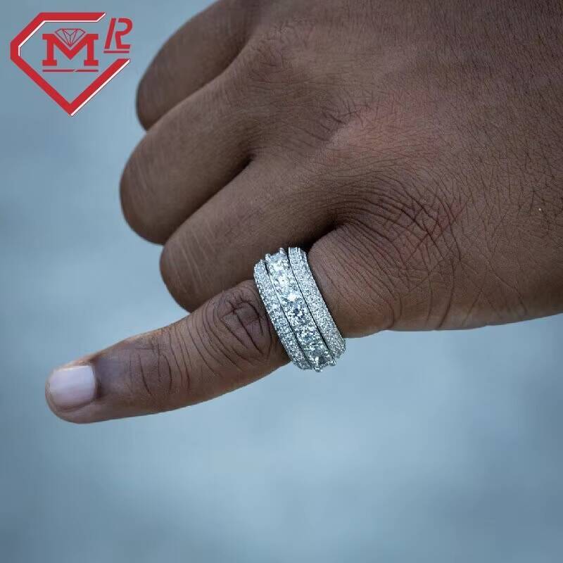 Hot Sale Iced Out Band Ring for Rappers Sterling Silver Hip Hop Moissanite Eternity Rings for Men