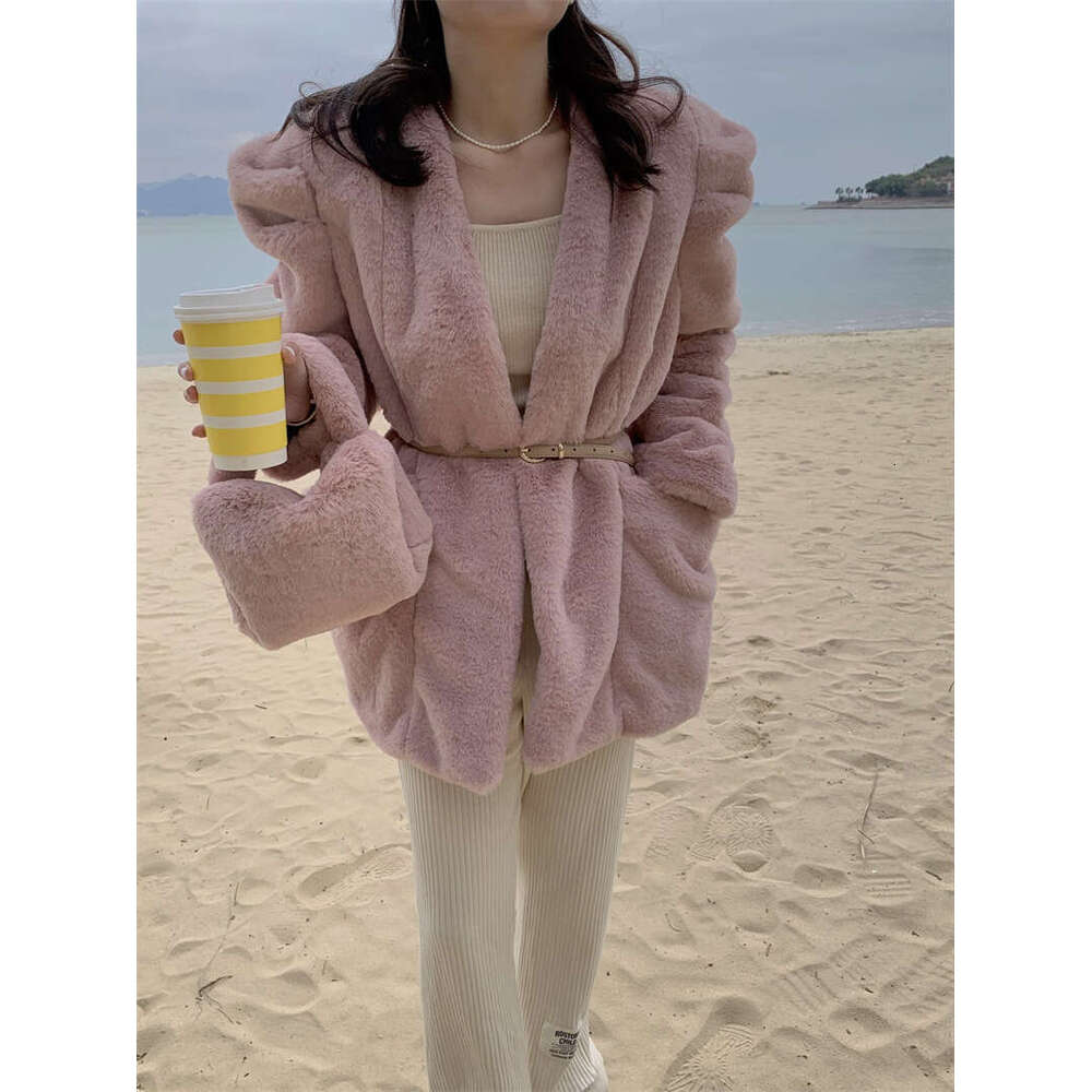 French retro round neck cinched waist tie imitation rabbit fur coat for women