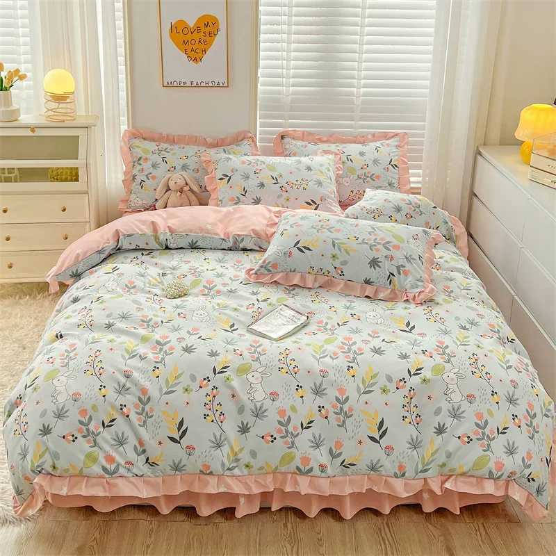 Floral Duvet Cover Ruffle Vintage Flowers Comforter Covers Set Cute Rabbit Printed Pink Women Girls Soft Breathable Bedding Y250819